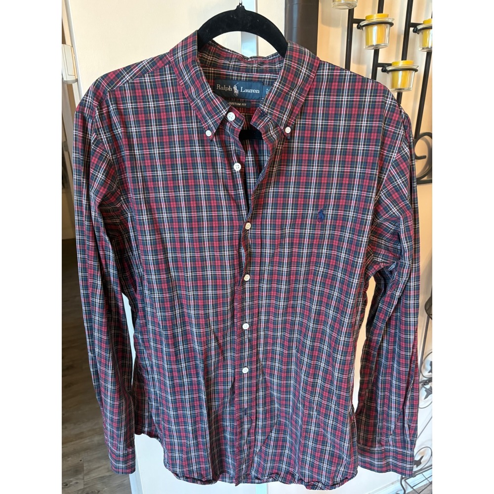 Ralph Lauren Mens Plaid Button Down Shirt Custom Fit Red Navy Blue Large L